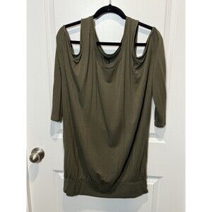 Express Olive Green Cold Shoulder Tunic Top 3/4 Sleeve Banded Hem Large L Edgy